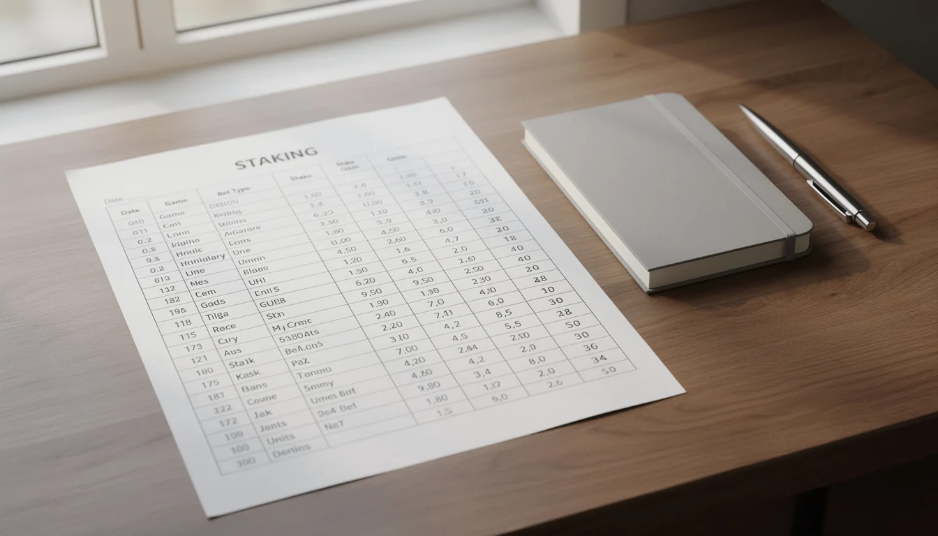A printed staking ledger showing weekly MLB betting unit sizes alongside a calculator and pen on a tidy wooden desk