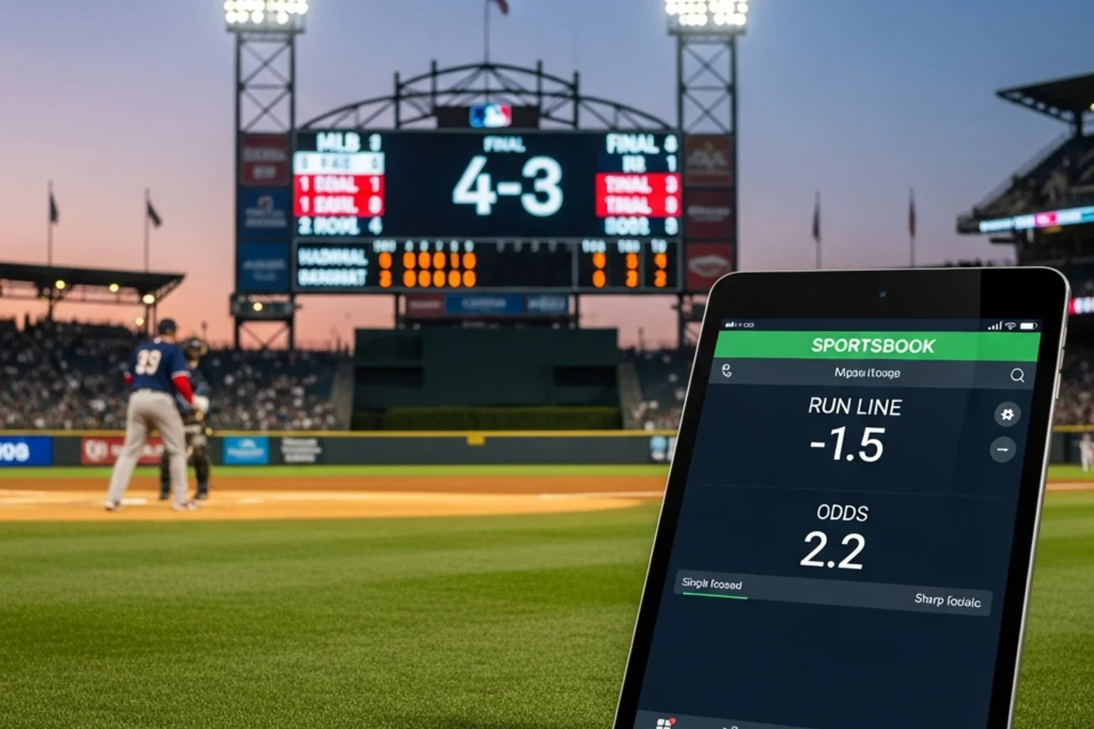 Baseball scoreboard at an MLB ballpark showing a 4-3 final score next to a sportsbook tablet displaying a -1.5 run line price