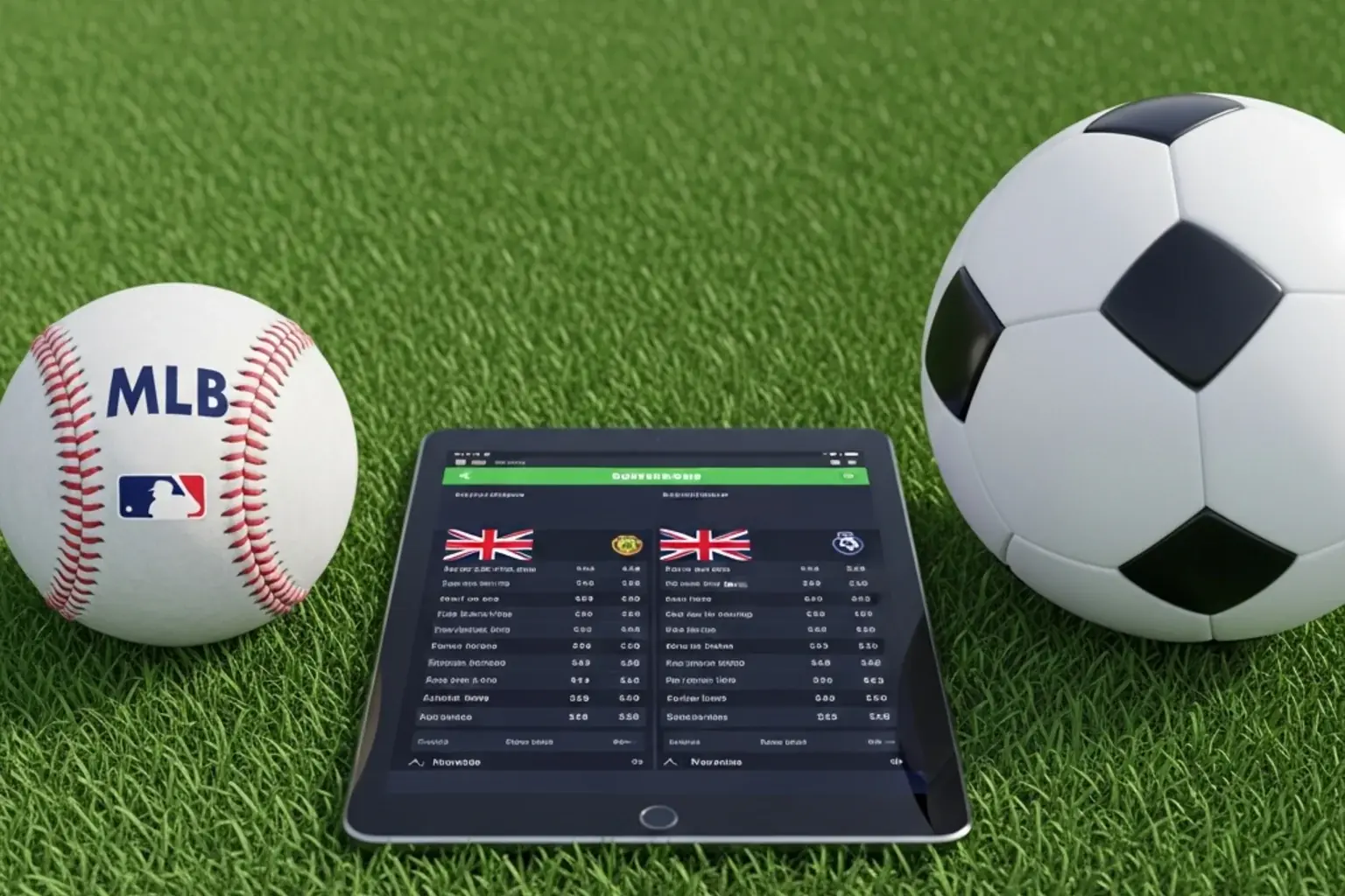 A baseball and a football placed side by side on green grass with a sportsbook tablet between them showing markets for both sports